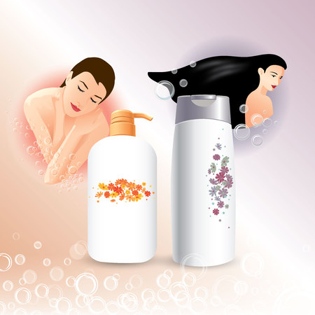 Set of shower bath shampoo elements, shower, bath, shampoo, hair, treatment, fragrance, smooth, protect, flora, flower, smell, luxury, enjoy, wet, water, bubble, zen, black hair, skin, body, care, daily, clean, female, girl, woman, lady, health, infographic, wash, washing, head, steam, hot water, cold, bathroom, toilet, youngのイラスト素材