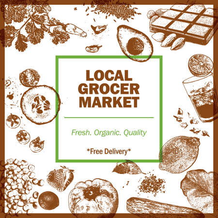 Fresh market; market; grocer; grocery; marketing; post; label; logo; newsletter; template; produce; product; label; label sticker; social media; design template; agriculture; veggies; vegetable; fruits; spice; herbs; farm; farming; farmer; plantation; soil; fertilizer; tomato; cucumber; chilli; baker; bakery; logo; chocolate; almond; nuts and seeds; nuts; seeds; organic; quality; freshness; fridge; mart; kitchen; cooking; cook; leaves; decoration; poster; bag; canvas bag; non woven bag; paper bag printing; one tone; plastic printing; supermarket; coffee; tea; ice drink; cold drinks; freezer; cold storage; delivery; hand drawn; sketch; banner; menu; brochure; flyer; garden; background; restaurant; healthy; local; food delivery; fresh food; mini market; mini martのイラスト素材