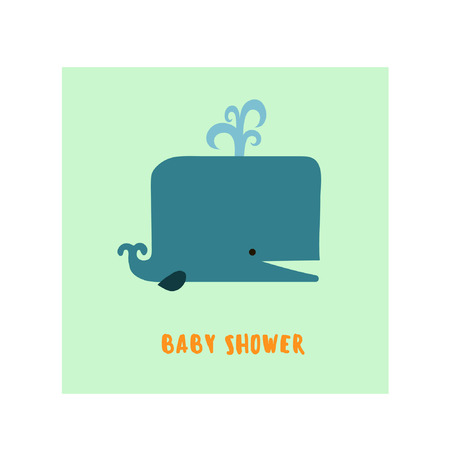 Illustration of flat simple cute smiling blue whale isolated on background with lettering Baby shower boy poster card vector eps 10のイラスト素材