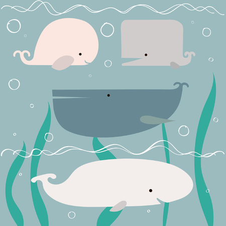 Drawing of flat simple 4 cute smiling whales on blue water background with seaweed bubbles waves Baby shower poster or card vector eps 8のイラスト素材
