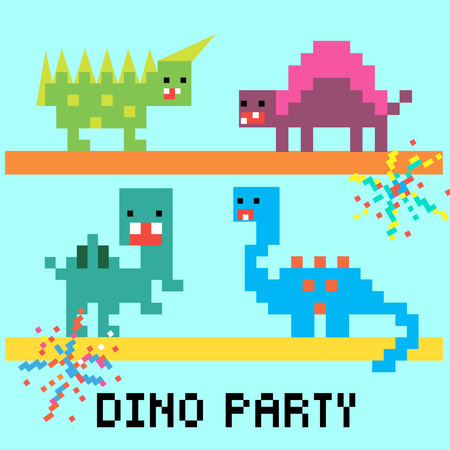 Pixel 8 bit cartoon illustration set of isolated colorful variegated dinosaurs dancing with fireworks and lettering Dino party on blue backgroundのイラスト素材