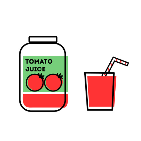 Line art flat illustration glass jar tomato juice and glass with red liquid and striped straw isolated on white background vector eps 10のイラスト素材