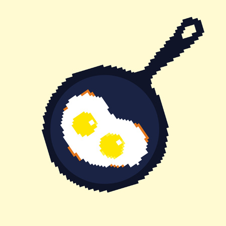 Illustration cartoon food pixel art 8 bit fried eggs breakfast in a dark pan isolated on yellow backgroundのイラスト素材