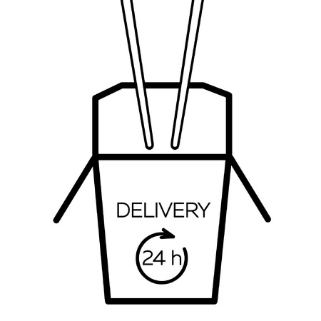 Asian restaurant line art black icon opened carton box with Delivery 24 h lettering and chopsticks isolated on white backgroundのイラスト素材