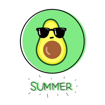 Illustration cartoon funny avocado icon with black sunglasses and hand drawn lettering Summer in green and black circle isolated on white background vectorの写真素材