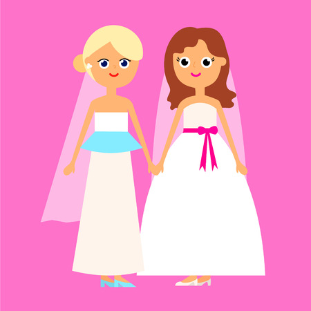 Lesbian gay couple cartoon funny flat illustration of two women brides in white wedding style dress isolated on oink background vector eps 10の写真素材