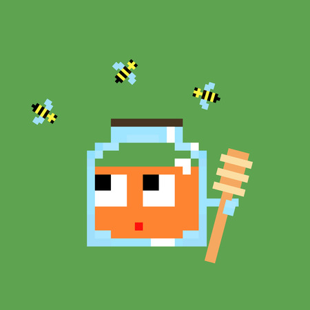 Cartoon honey pixel art 8 bit cartoon illustration  character blue glass jar of honey with wooden spoon and bees isolated on green background vectorのイラスト素材