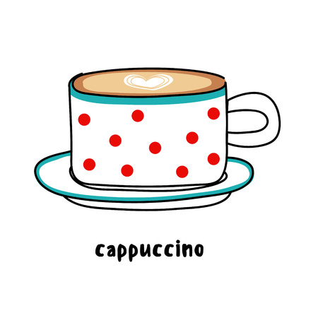 Illustration colorful hand drawn utensils funny spotty cup of coffee cappuccino with heart drawing isolated on white background vector eps 10のイラスト素材