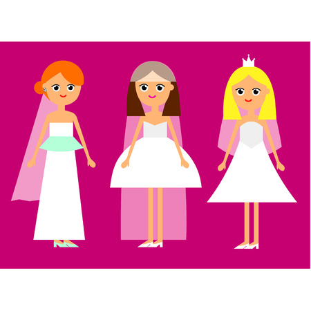 Cartoon funny flat illustration set bride like a princess in white dress with veil and shoes isolated on pink background vector eps 10の写真素材