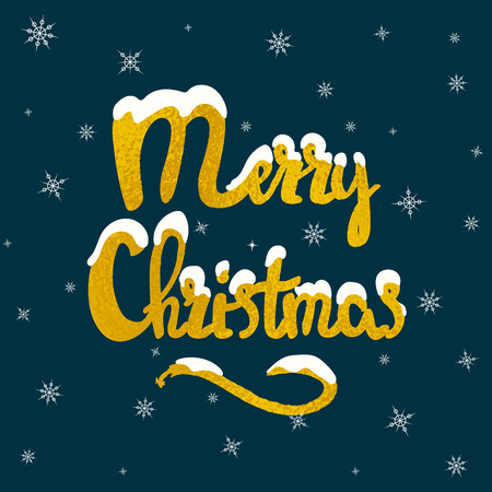 Merry Christmas hand drawn lettering in yellow gold foil, shiny and bright wish, with snow and snowflakes fall, design Christmas holidays New Year card, isolated on blue background, vector eps 10のイラスト素材