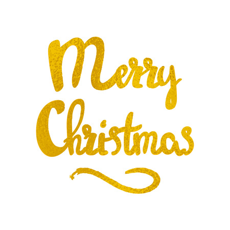 Merry Christmas hand drawn lettering in gold foil color, shiny and bright wish, design Christmas holidays New Year card, isolated on white background, vector eps 10のイラスト素材