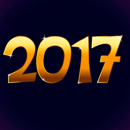 Illustration cartoon vector number 2017 new year shine gold yellow color with sparkles isolated on dark blue violet background, vector eps 10のイラスト素材