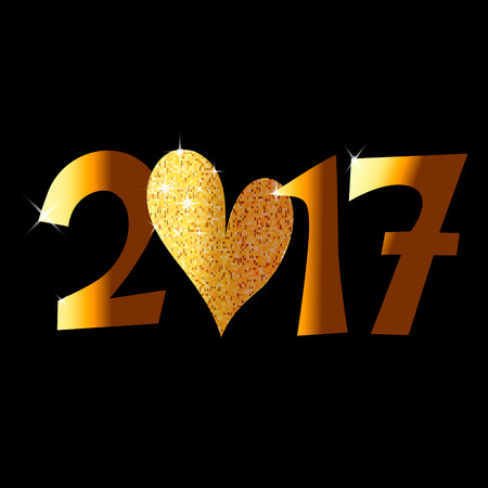 Illustration cartoon vector number 2017 new year shine gold yellow color with sparkles and symbol heart, love 2017, isolated on black background, vector eps 10のイラスト素材