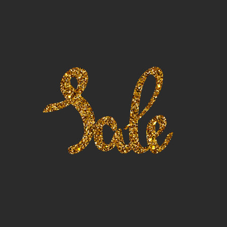 Hand drawn lettering Sale in gold color with glitter shimmering, on black background for banner, poster, card, vector eps 10のイラスト素材