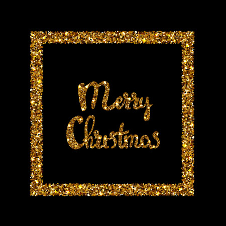 Merry Christmas hand drawn lettering in gold color, glitter frame, shiny and bright wish, design Christmas holidays New Year card, isolated on black background, vector eps 10のイラスト素材