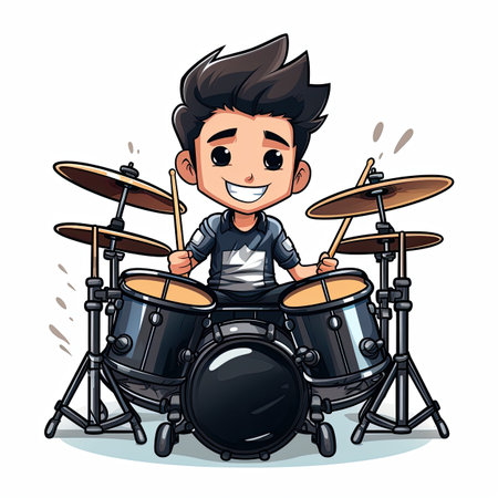 Cartoon boy playing drums. Vector illustration isolated on white background.の素材