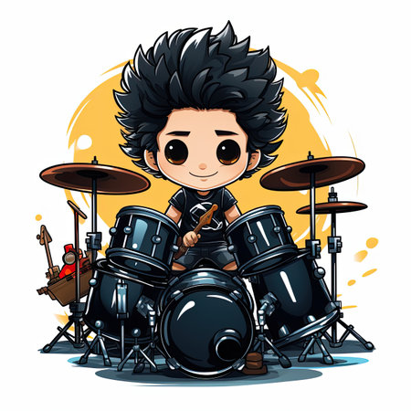 Cute boy playing drums. Vector cartoon illustration isolated on white background.の素材