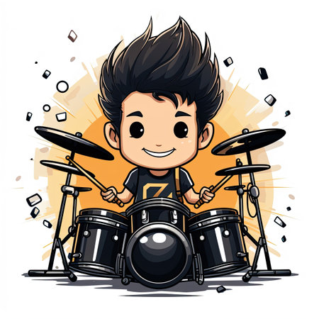 Cartoon boy playing drums. Vector illustration of a boy playing drums.の素材