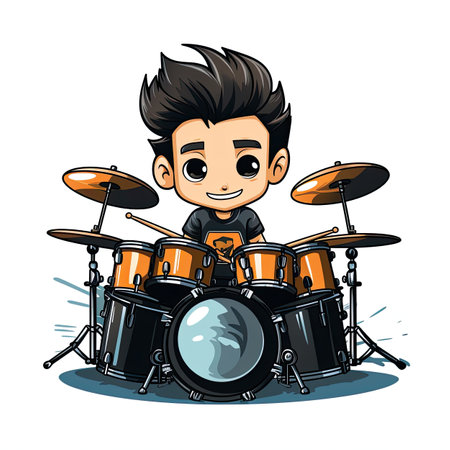 Cartoon boy playing drums. Vector illustration isolated on white background.の素材