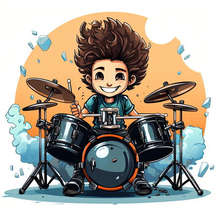 Cute little boy playing drums on colorful background. Vector illustration.の素材