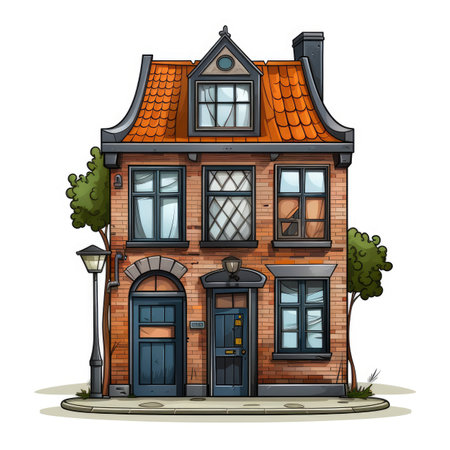 Cartoon old house on the street. Vector illustration isolated on white background.の素材