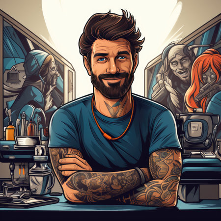 Hipster man with tattoo on his arms. Vector illustration.の素材