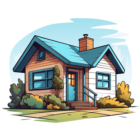 Vector illustration of a cartoon house with a porch. Cartoon style.の素材