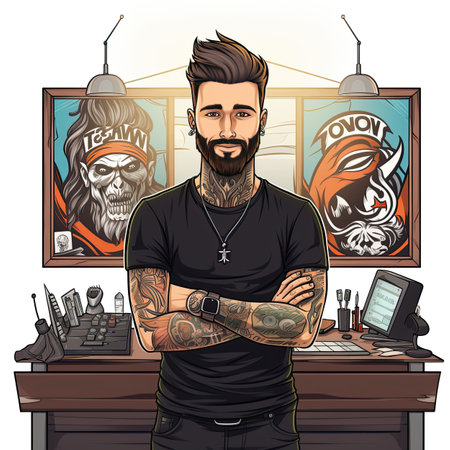 Hipster tattooed man at barbershop. Vector illustrationの素材