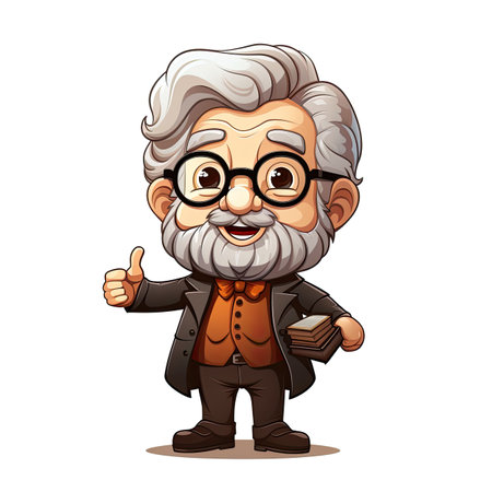 Grandfather with book and thumbs up isolated on white background. Vector illustration.の素材