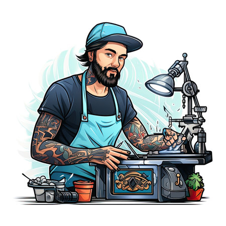 Tattooed man making sushi at the bar. Vector illustrationの素材