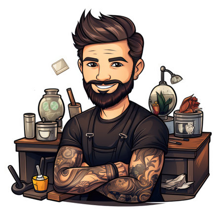 Hipster barman with tattoo on his arm. Vector illustrationの素材