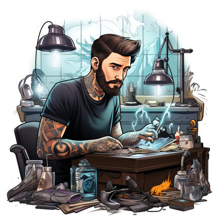 Hipster tattoo artist in his workshop.の素材