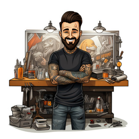 Hipster tattooed barber at work. Vector illustration.の素材