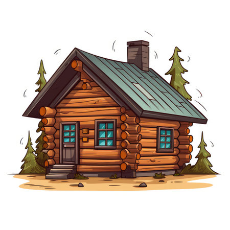 Vector illustration of a log cabin in the forest. Cartoon style.の素材