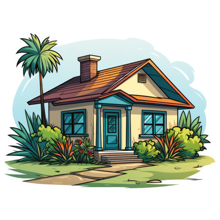 House in the garden. Vector illustration on white background. Cartoon style.の素材