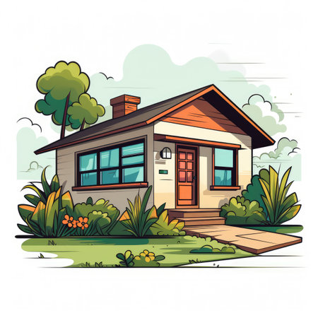 Vector illustration of a small country house on a summer day. Cartoon style.の素材