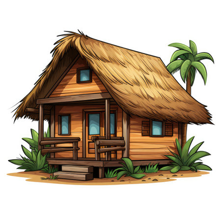 Illustration of a wooden house in the jungle on a white backgroundの素材