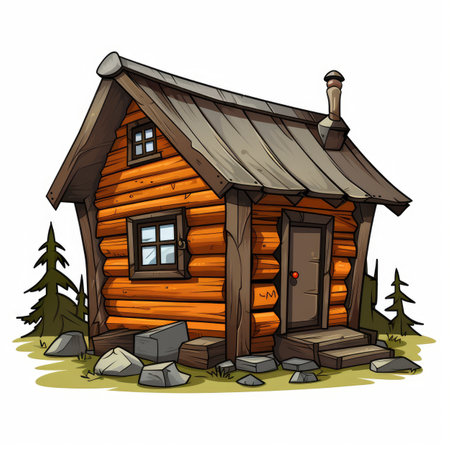Wooden house in the woods. Cartoon vector illustration isolated on white background.の素材