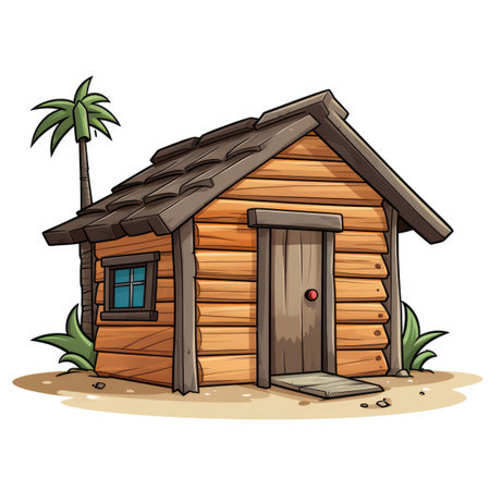 Wooden house on the beach with palm trees. Vector illustration.の素材