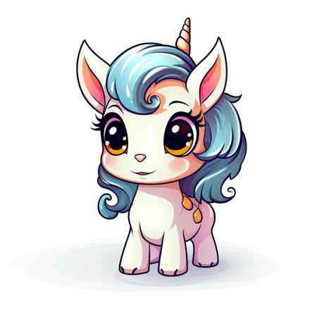 Cute cartoon unicorn with blue hair isolated on white background. Vector illustration.の素材