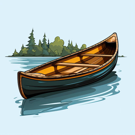 Wooden boat on the lake. Vector illustration in cartoon style.の素材
