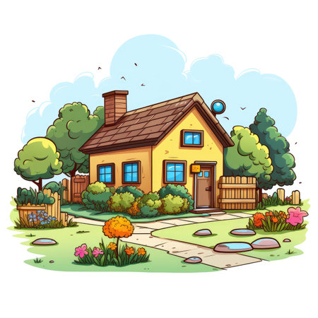 Cartoon house in the garden. Vector illustration of a country house.の素材