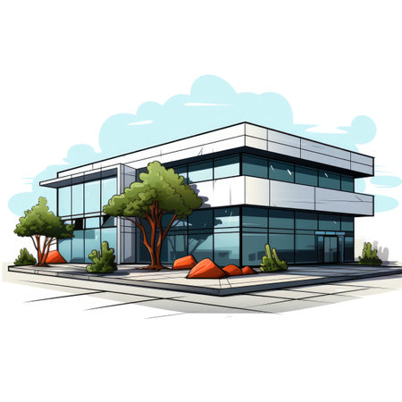 Illustration of a modern office building on a white background with treesの素材