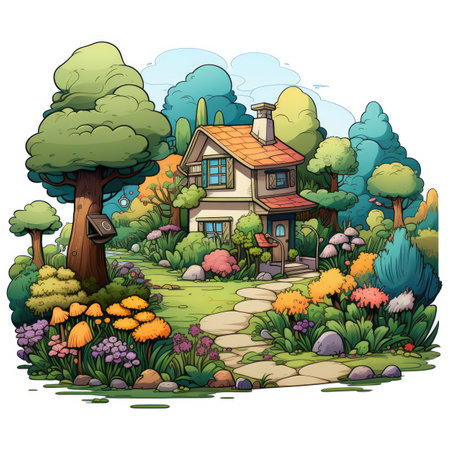 Cartoon illustration of a country house surrounded by flowers and trees.の素材