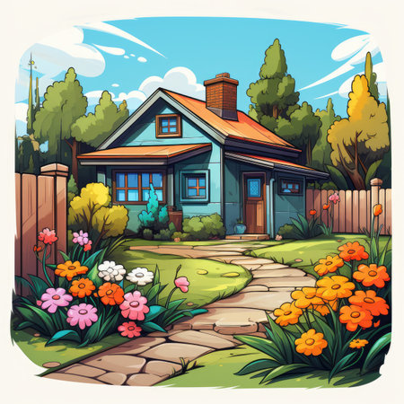 Cottage in the garden. Cartoon style.の素材
