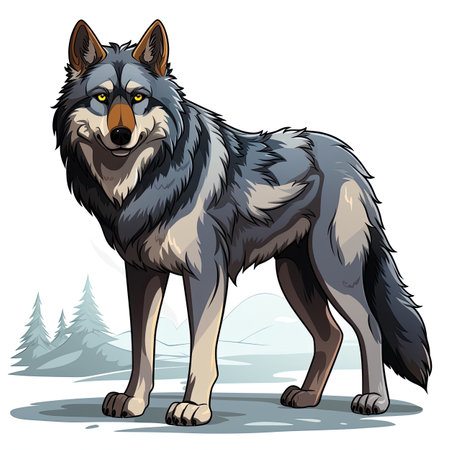 Vector illustration of a wolf standing on a snow-covered forest.の素材