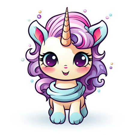 Cute cartoon unicorn with blue eyes and pink hair.の素材
