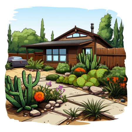 Illustration of a cactus garden with a wooden house in the backgroundの素材