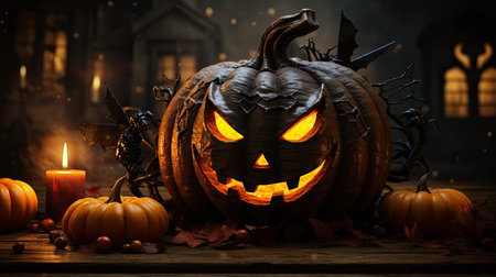 Halloween pumpkins on dark spooky background. Halloween concept.の素材