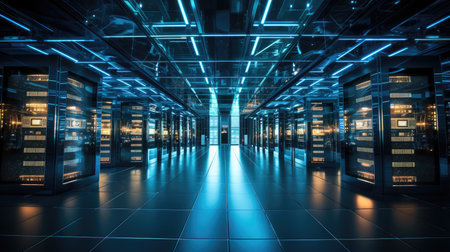 server room data center with blue lights and reflectionsの素材